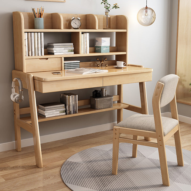Natural Solid Wood Writing Desk with Bookcase and Drawers
