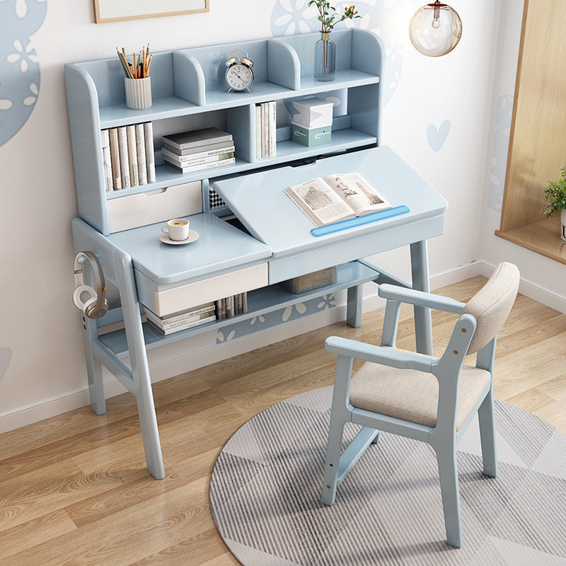 Blue Adjustable Solid Wood Writing Desk with Shelf and Drawers – Natural Rubberwood Home Office Desk