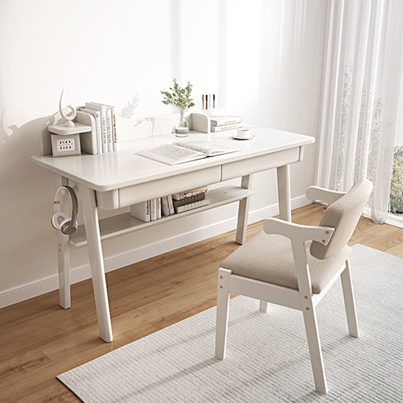 Solid Wood Writing Desk with Mini Shelf and Drawers - White