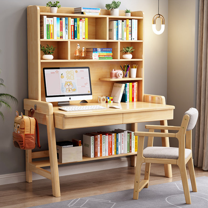 Natural  Solid Wood Writing Desk with Shelf and Drawers - Rubberwood Home Office Desk