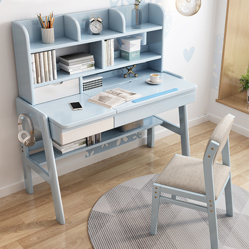 Blue Adjustable Solid Wood Writing Desk with Shelf and Drawers – Natural Rubberwood Home Office Desk
