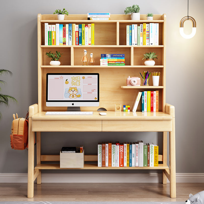 Natural  Solid Wood Writing Desk with Shelf and Drawers - Rubberwood Home Office Desk