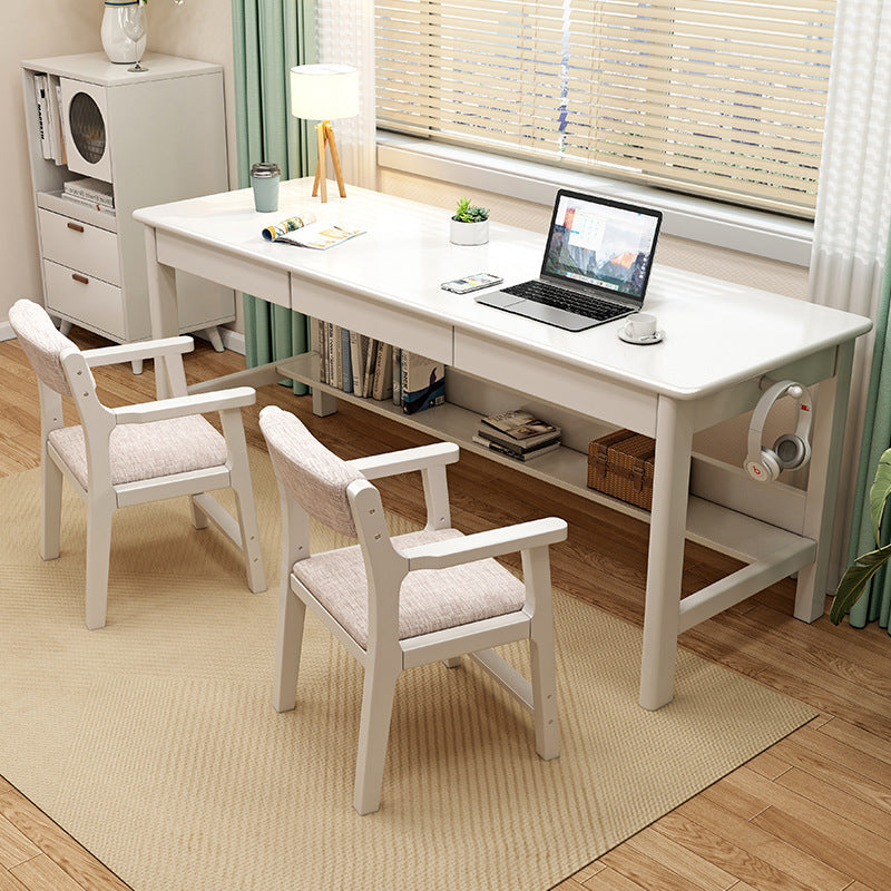White Solid Wood Writing Desk with Storage Drawers – Long Rubberwood Home Office Desk