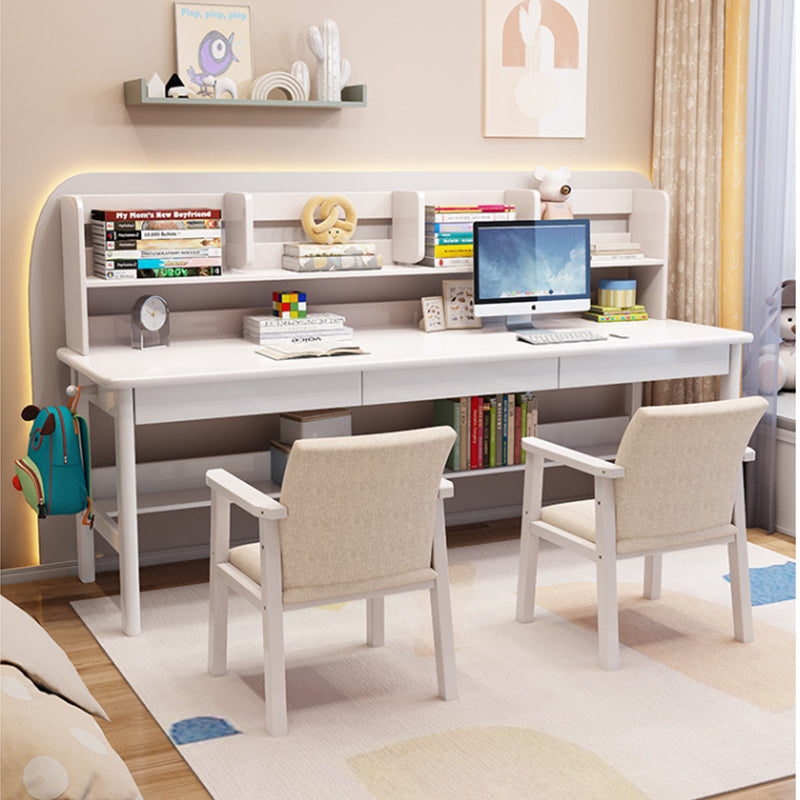 Solid Wood Writing Desk with Book Shelves and Drawers - White