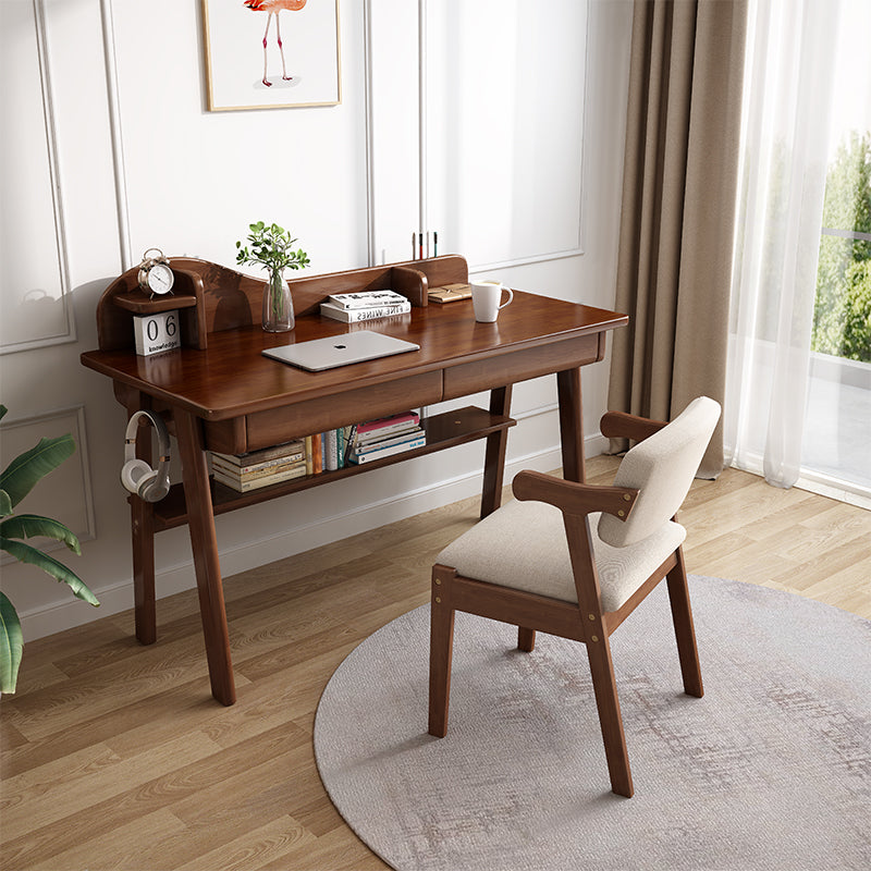 Solid Wood Writing Desk with Mini Shelf and Drawers - Walnut