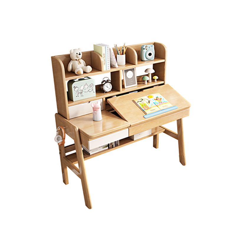 Adjustable Solid Wood Writing Desk with Shelf and Drawers – Natural Rubberwood Home Office Desk