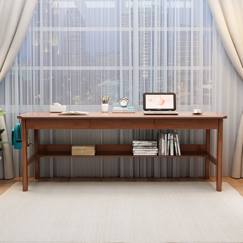 Walnut Solid Wood Writing Desk with Storage Drawers – Long Rubberwood Home Office Desk