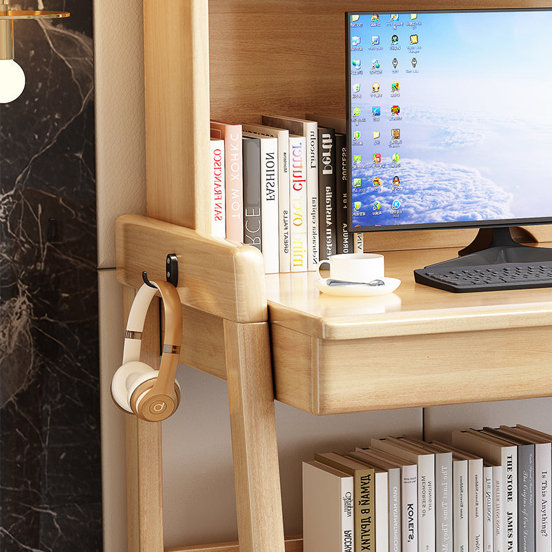 Natural  Solid Wood Writing Desk with Shelf and Drawers - Rubberwood Home Office Desk