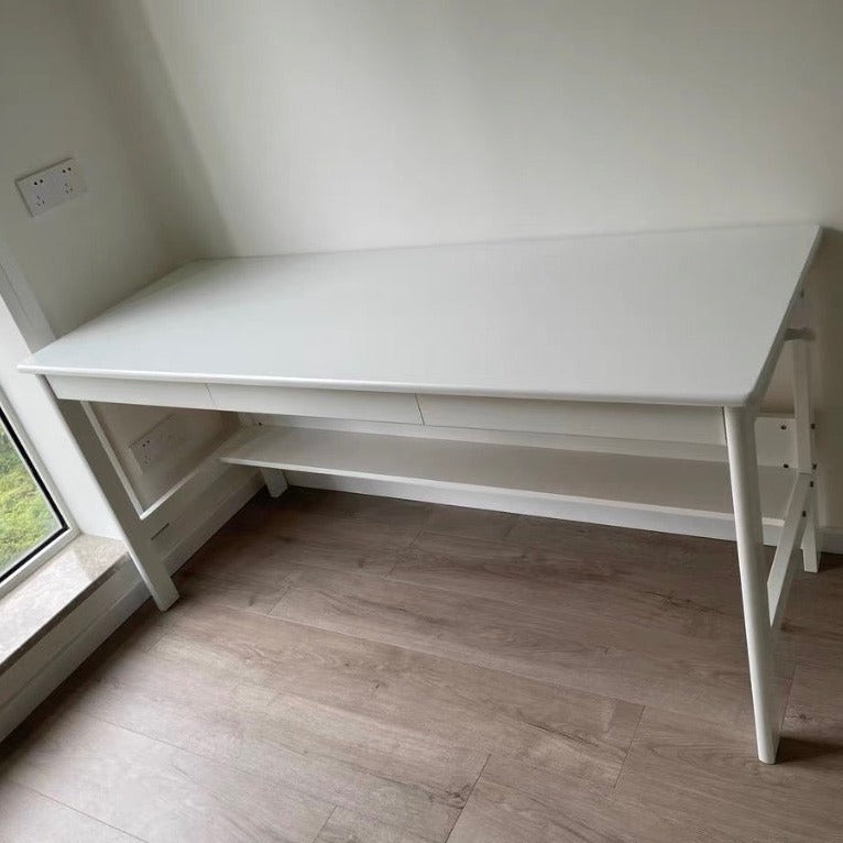 White Solid Wood Writing Desk with Storage Drawers – Long Rubberwood Home Office Desk