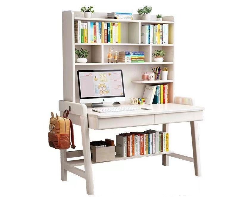 White Solid Wood Writing Desk with Shelf and Drawers - Rubberwood Home Office Desk