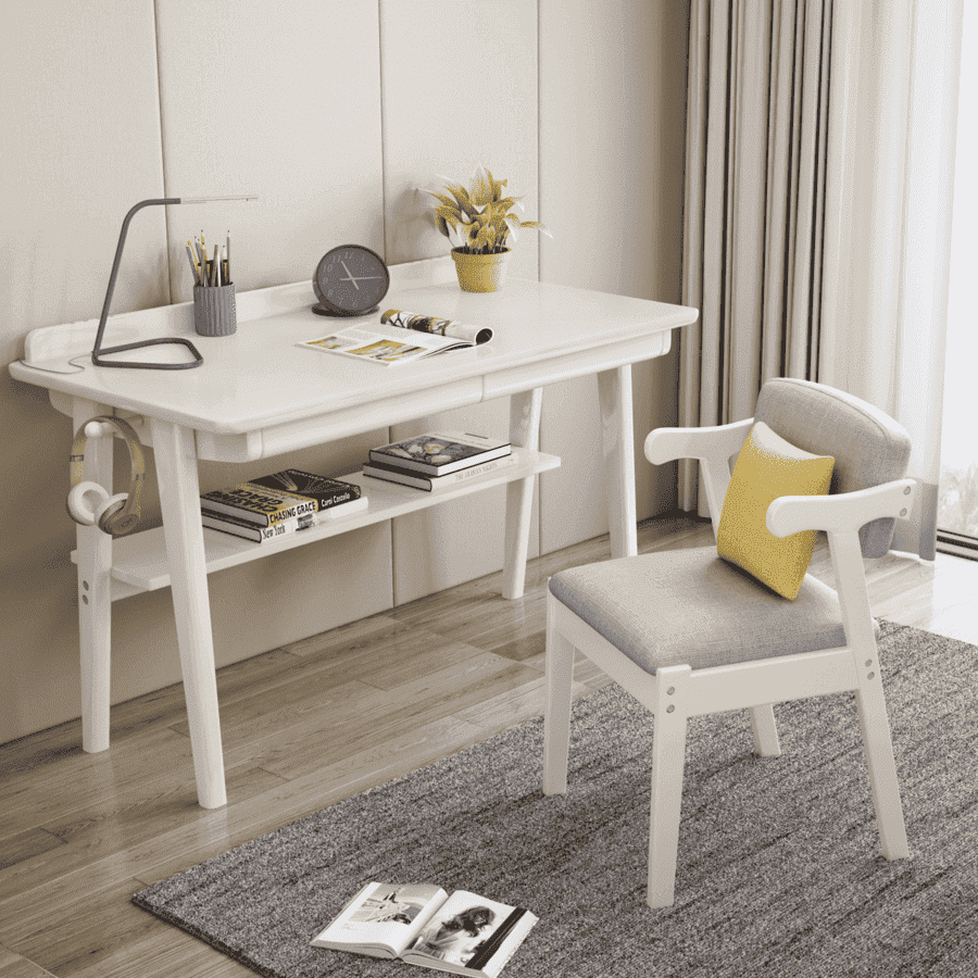 Solid Wood Z-Shape Dining Chair with Cotton & Linen Upholstery - White