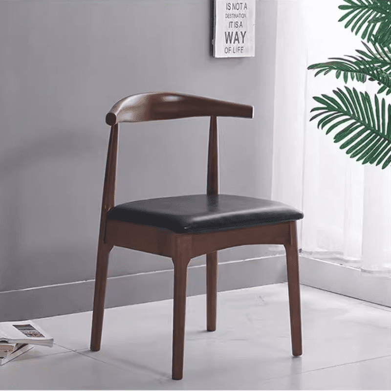 Walnut-Finish Solid Wood Dining Chair with Black PU Cushion