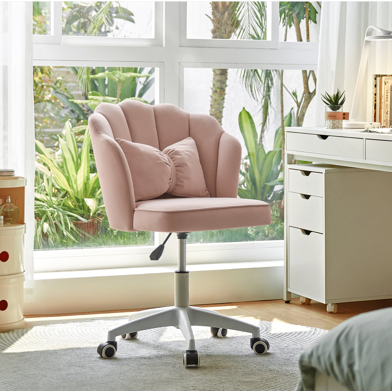 Pink Velvet Adjustable Height Swivel Office Chair with Wheels
